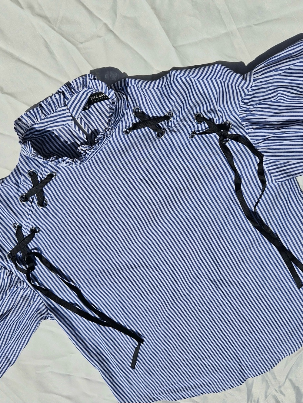 Zara Blue and White Striped Lace-Up Blouse